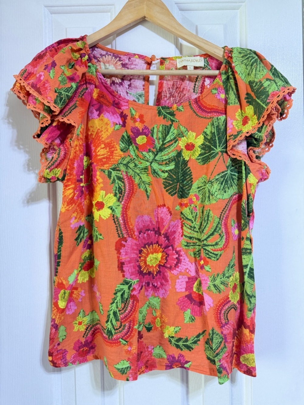 Cynthia Rowley floral tropical orange pink ruffle linen blouse vacay top large